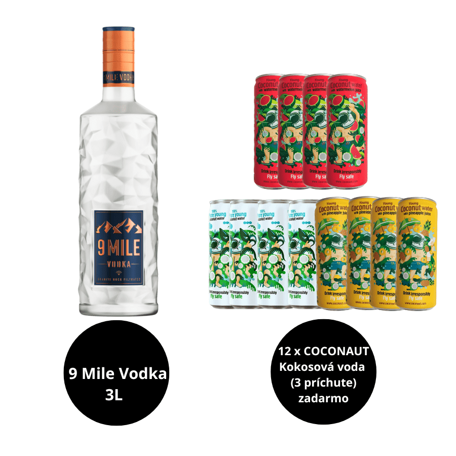 9 Mile Vodka 3 L + 4 x COCONAUT Kokosová voda + 4 x Melónová voda + 4 x Ananásová voda