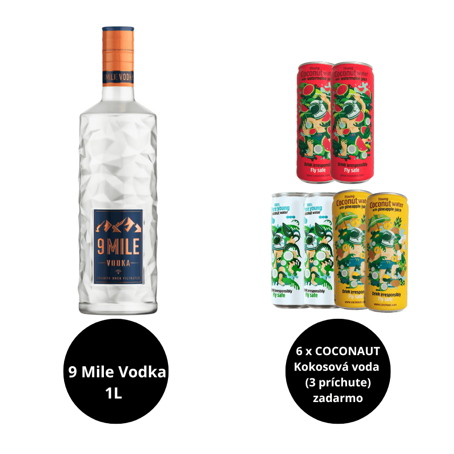 9 Mile Vodka 1 L + 2 x COCONAUT Kokosová voda + 2 x Melónová voda + 2 x Ananásová voda 9 Mile Vodka 1 L + 2 x COCONAUT Kokosová voda + 2 x Melónová voda + 2 x Ananásová voda