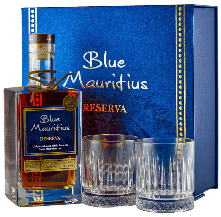 Blue Mauritius Reserva Rum + 2 poháre, GIFT