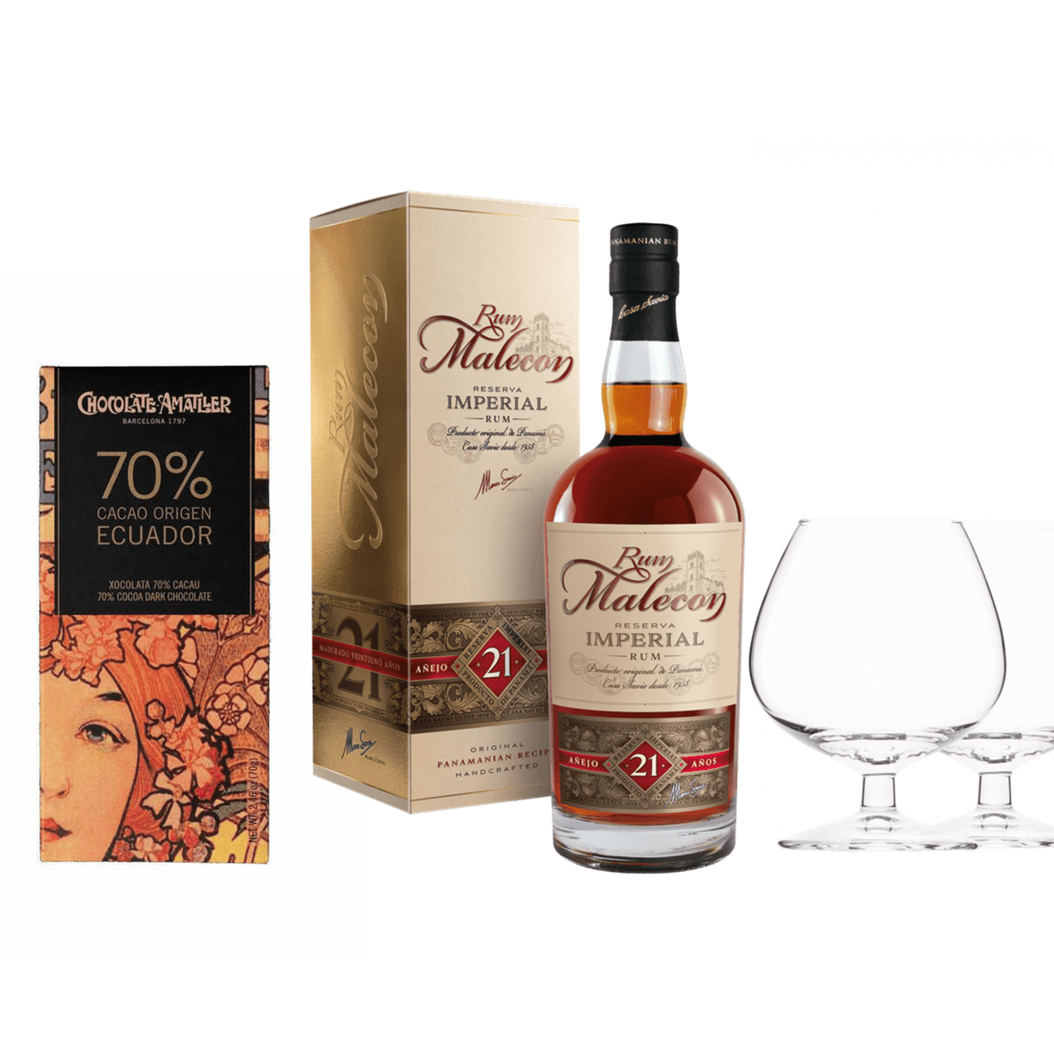 Malecon 21 Y.O., GIFT + Chocolate Amatller 70% Ekvádor, 70g + 2 x pohár