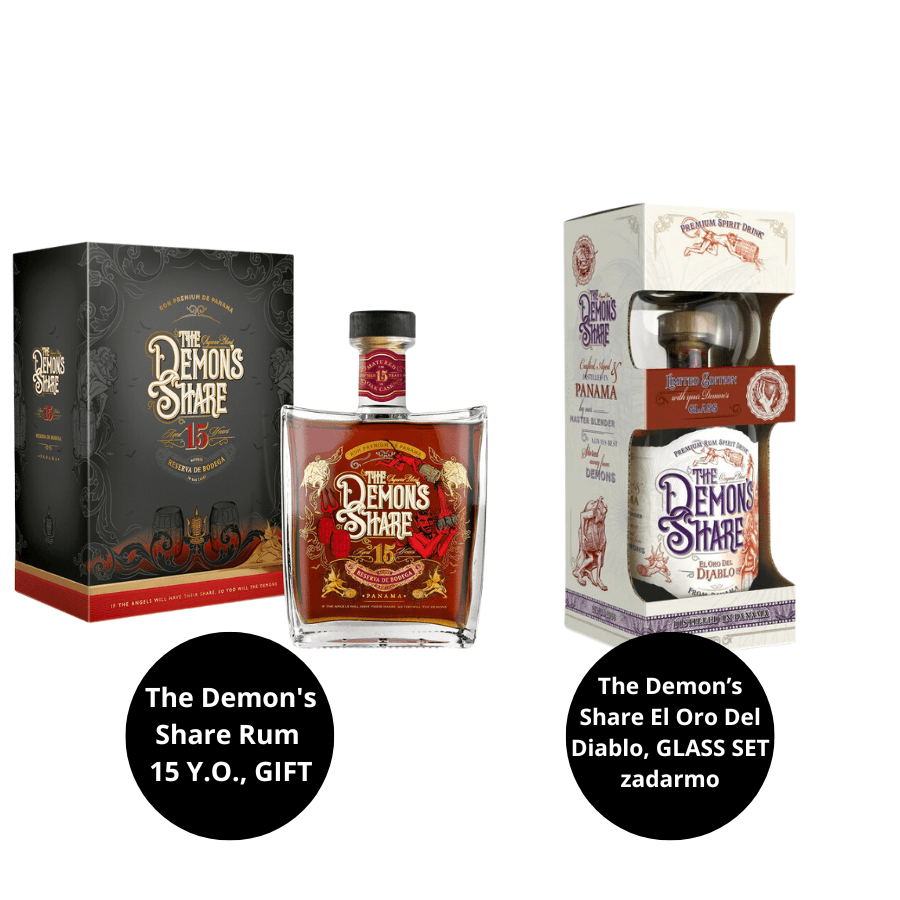The Demon´s Share Rum 15 Y.O., GIFT + The Demon’s Share El Oro Del Diablo, GLASS SET ZADARMO The Demon´s Share Rum 15 Y.O., GIFT + The Demon’s Share El Oro Del Diablo, GLASS SET ZADARMO