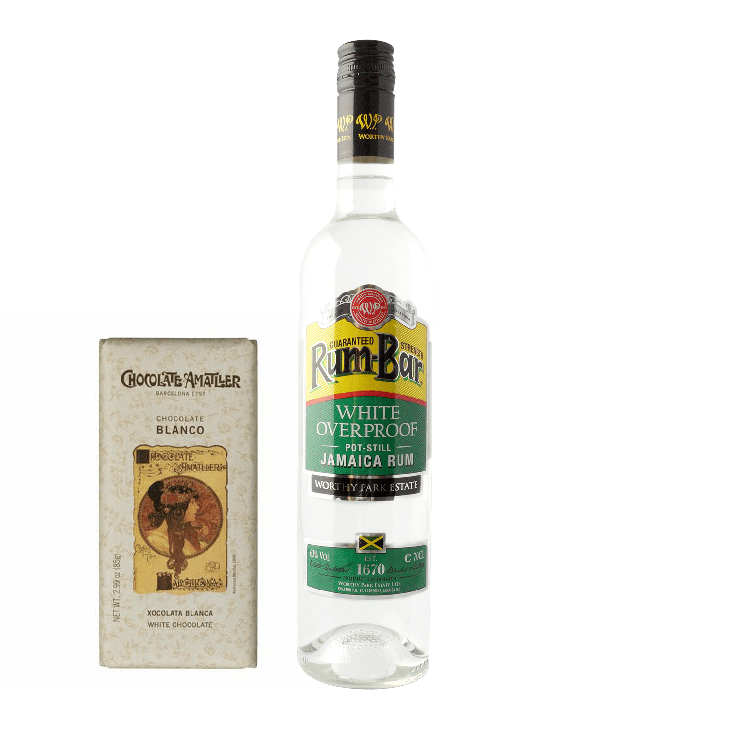 Worthy Park, Rum-Bar Rum White Overproof + Chocolate Amatller Biela čokoláda, 85g Worthy Park, Rum-Bar Rum White Overproof + Chocolate Amatller Biela čokoláda, 85g